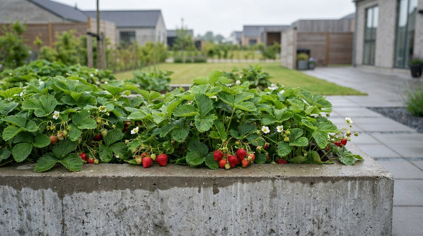 Frodige jordbærplanter fyldt med røde bær i et veldrænet højbed med træflis, anlagt på en flot stenbelægning.