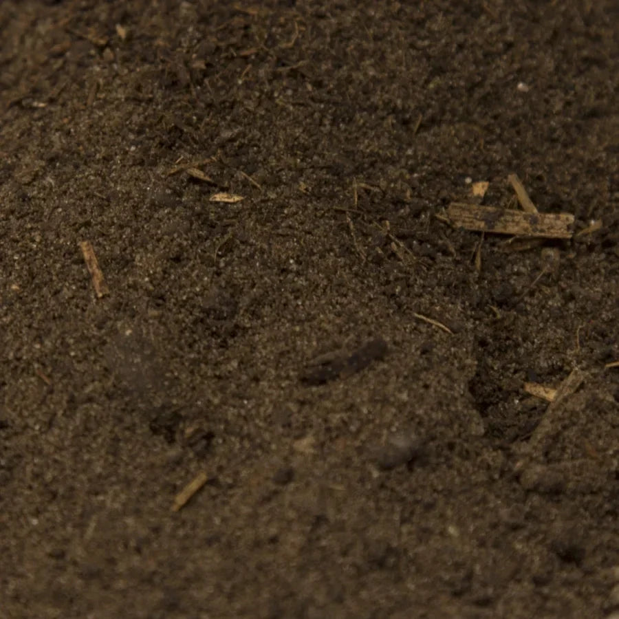 Nærbillede af mørk jord med små stykker træ.