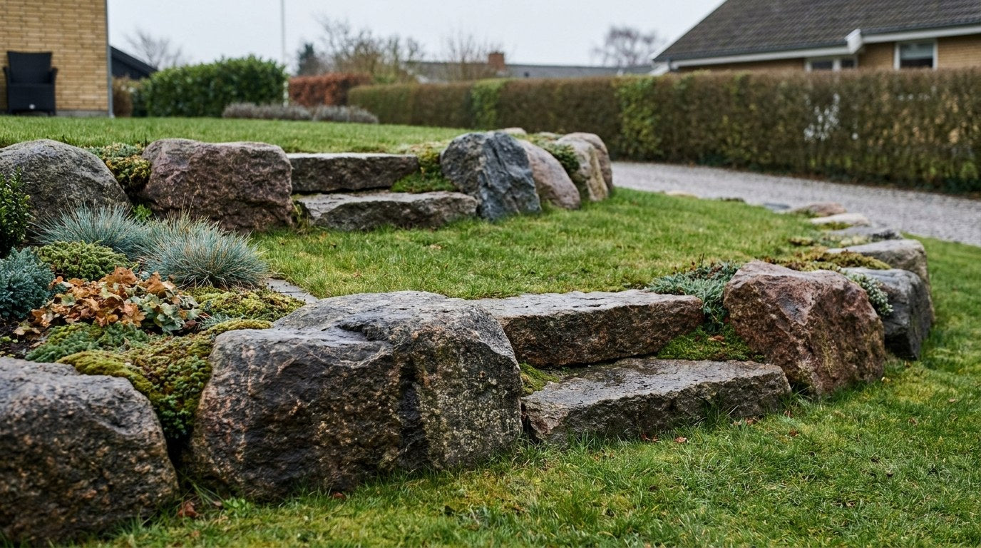 Stor kampesten brugt som naturlig dekoration og støttemur i et skrånende dansk havedesign