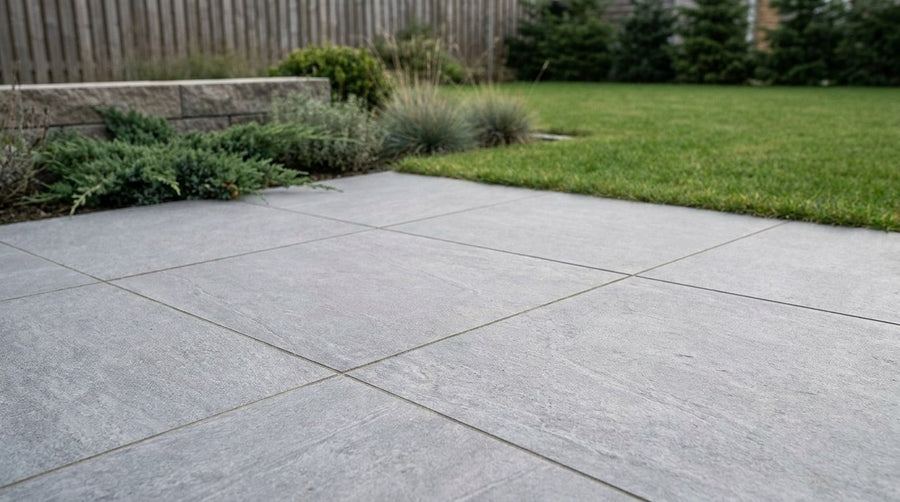 Stor, moderne terrasse lagt med 60x60 fliser, der skaber et roligt og eksklusivt udtryk