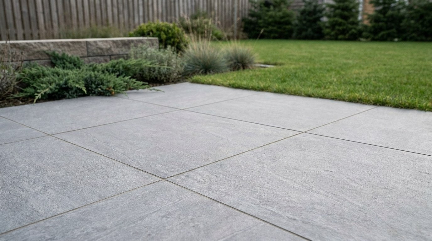 Stor, moderne terrasse lagt med 60x60 fliser, der skaber et roligt og eksklusivt udtryk