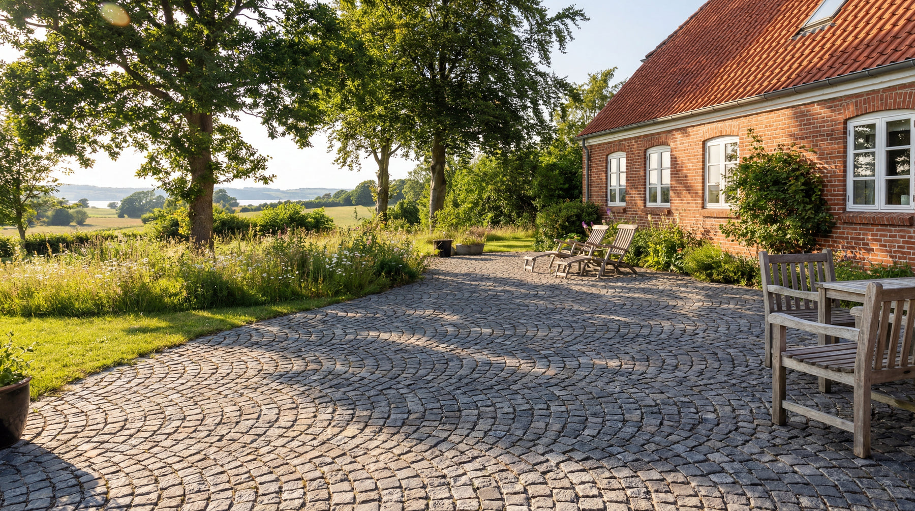 Chaussestensbelægning foran rødstenshus med have og udsigt.
