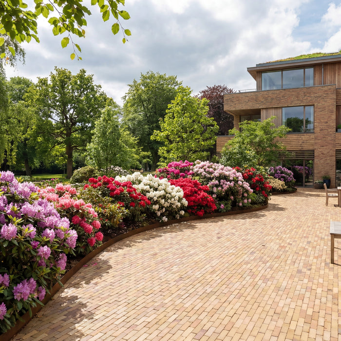 Terrasse med teglklinker, blomsterbed og moderne hus.