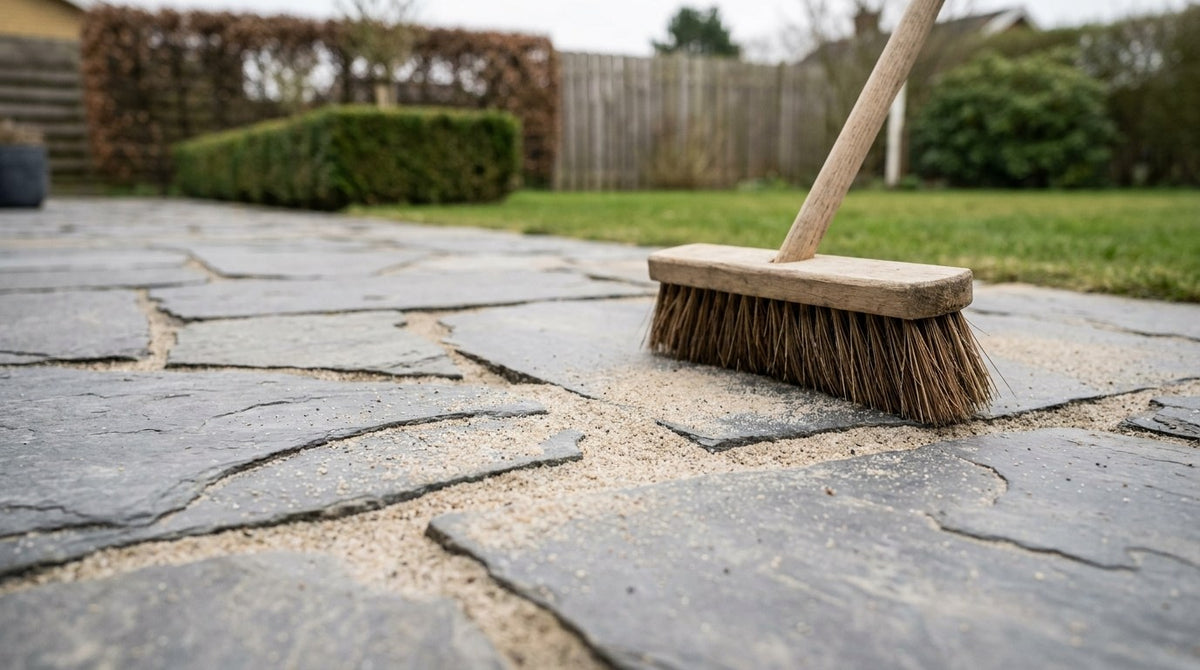 Nærbillede af korrekt fugede brudfliser i natursten på en dansk terrasse