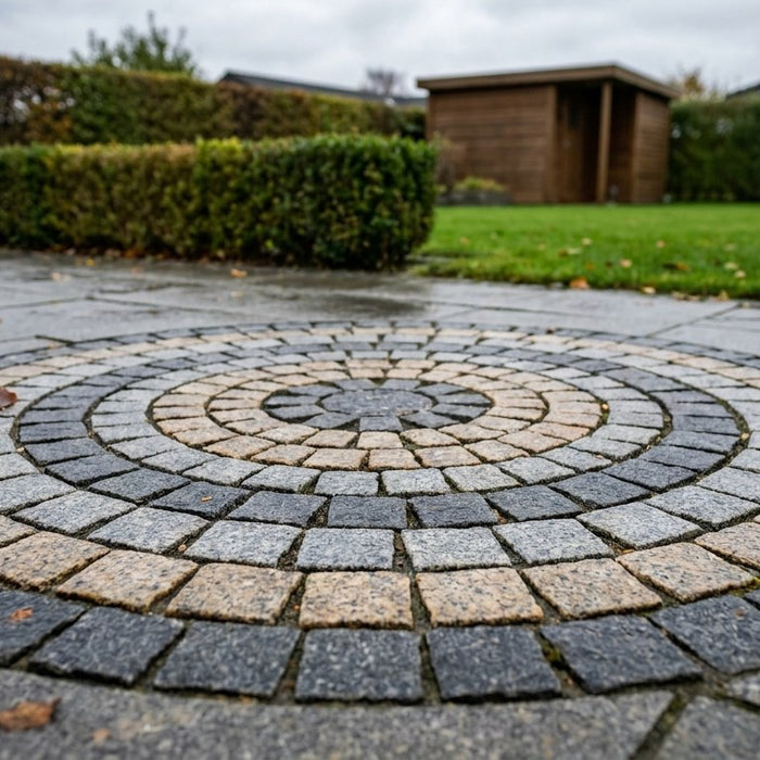 Nærbillede af brolægger der sætter små mosaiksten i et smukt cirkelmønster i en indkørsel