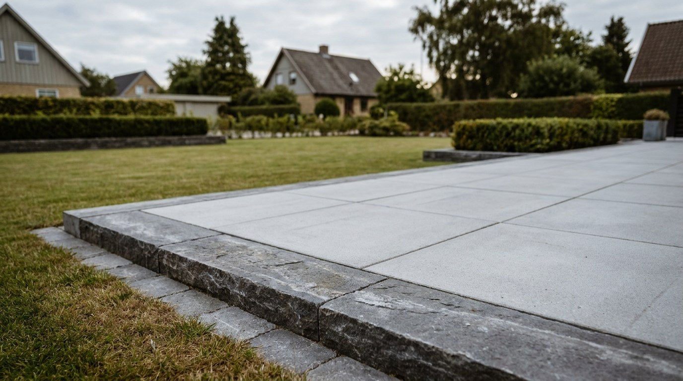 Nyanlagt terrasse med en bred og solid bordursten som afslutning mod græsplænen