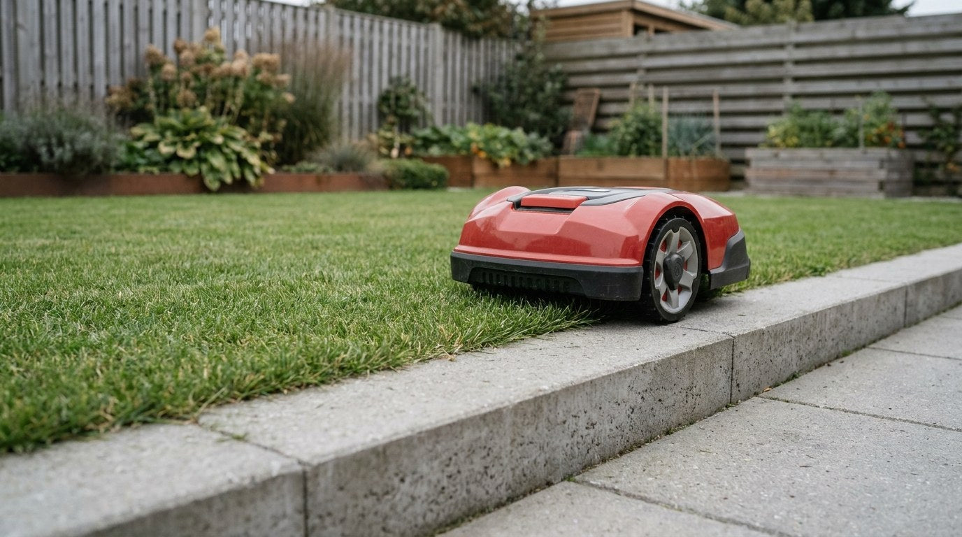 Nærbillede af en bred robotplæneklipper kantsten lagt plant med græsplænen, hvor en robotplæneklipper kører med det ene hjul på flisen.