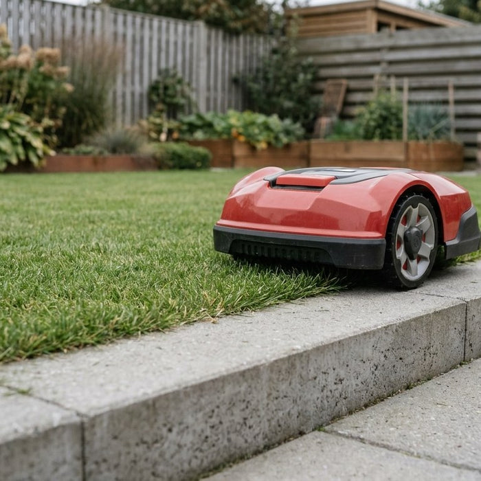 Nærbillede af en bred robotplæneklipper kantsten lagt plant med græsplænen, hvor en robotplæneklipper kører med det ene hjul på flisen.