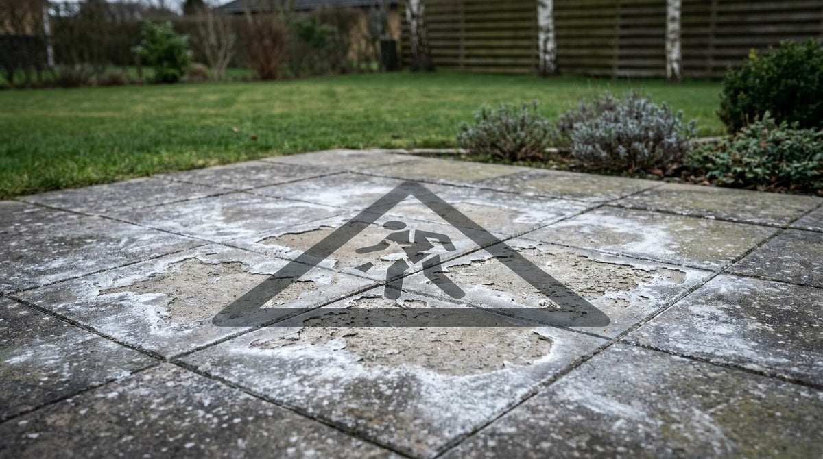 Nærbillede af en renset og velholdt terrasse med betonfliser uden ukrudt og flisepest