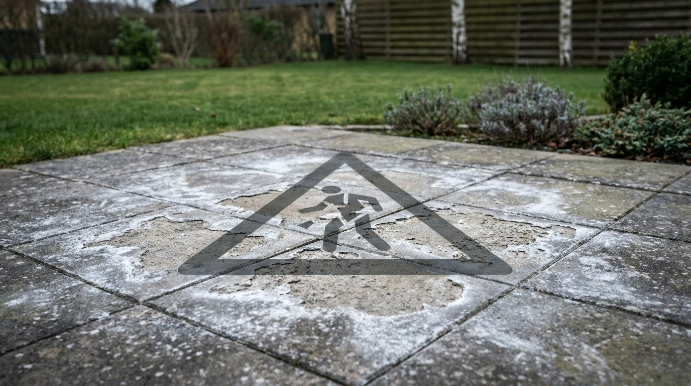 Nærbillede af en renset og velholdt terrasse med betonfliser uden ukrudt og flisepest