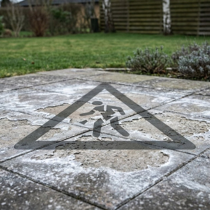 Nærbillede af en renset og velholdt terrasse med betonfliser uden ukrudt og flisepest