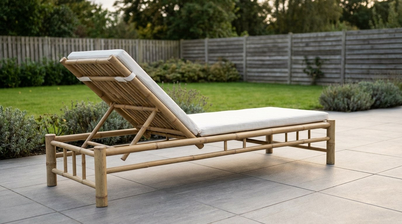 Smukke bambusmøbler placeret på en tør og velanlagt fliseterrasse i en dansk have