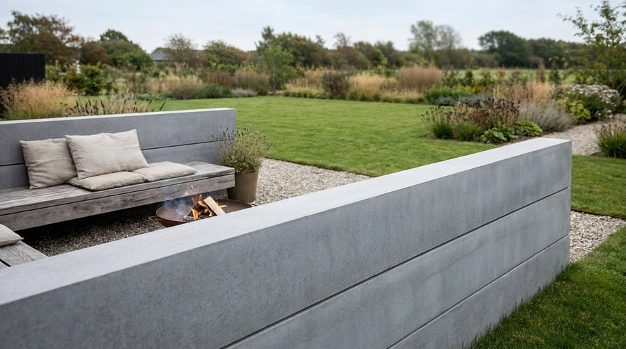 Moderne minimalistisk læmur bygget af glatte IBF 2B murelementer i grå beton, der afskærmer en terrasse.