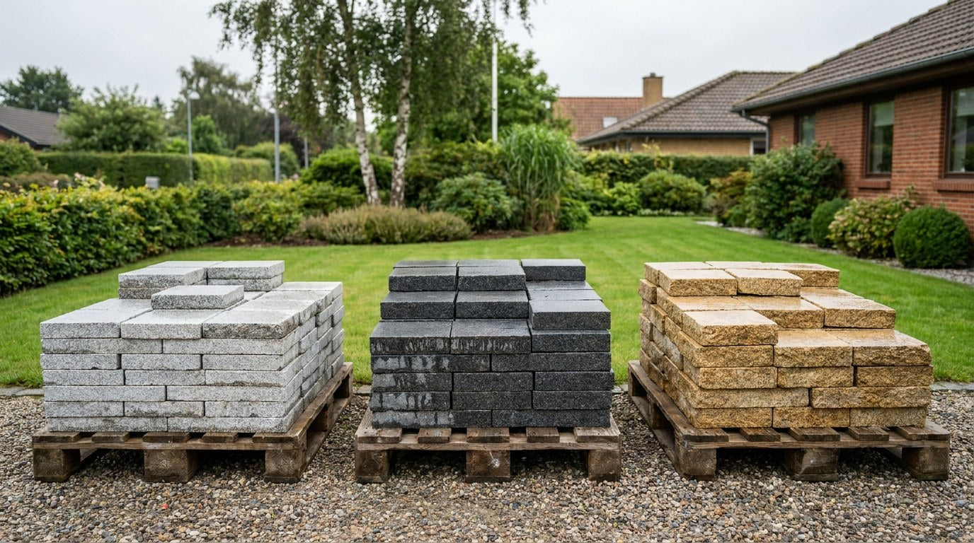 Mørkegrå G654 granitfliser lagt i forbandt på en nyanlagt terrasse med chaussesten som kant