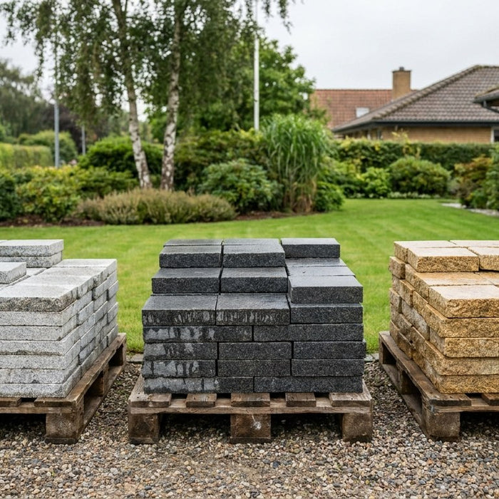 Mørkegrå G654 granitfliser lagt i forbandt på en nyanlagt terrasse med chaussesten som kant