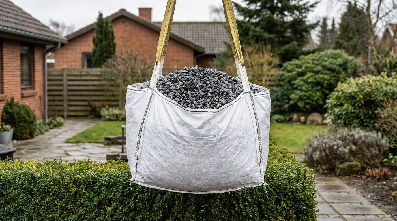 En nyanlagt indkørsel med et jævnt lag af mørke granitskærver og stramme stålkanter
