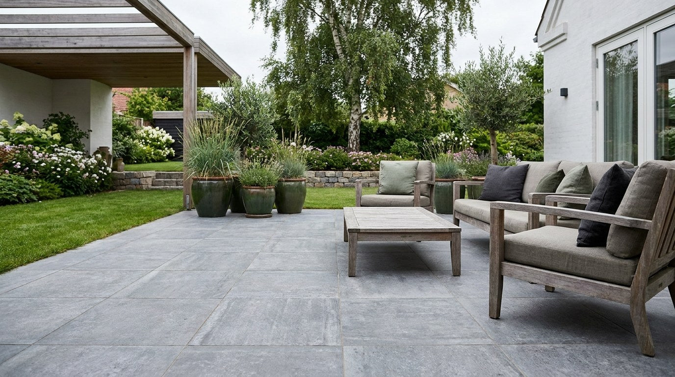 Smuk udendørs terrasse anlagt med en kombination af keramiske fliser i storformat og kantning af brosten.