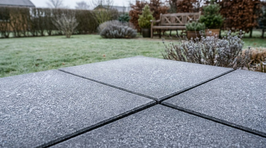 En smuk og moderne terrasse anlagt med store, mørke frostsikre keramiske fliser, der forlænger stuens gulv ud i haven.
