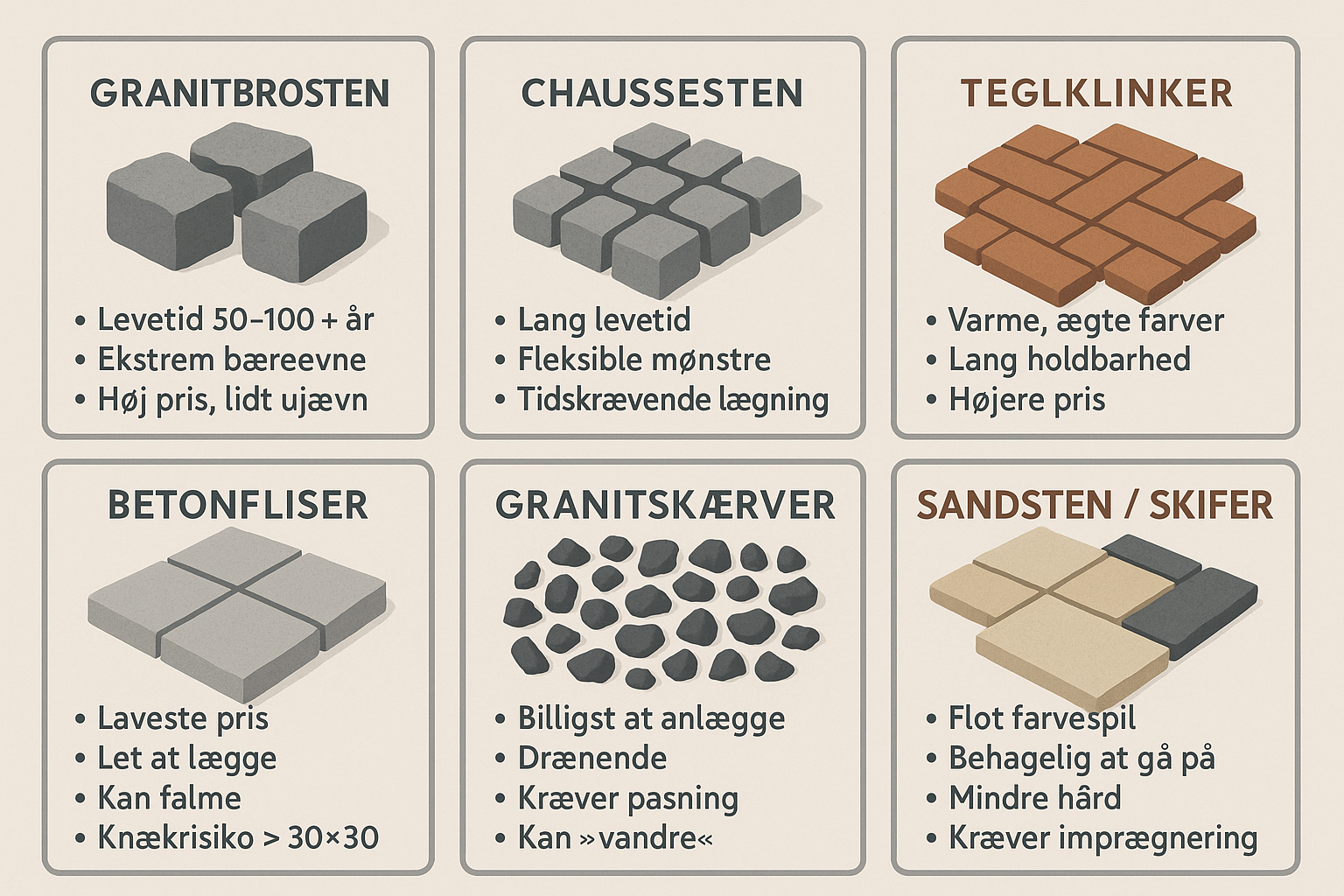 Illustration af forskellige belægningstyper til indkørsel med beskrivelser.