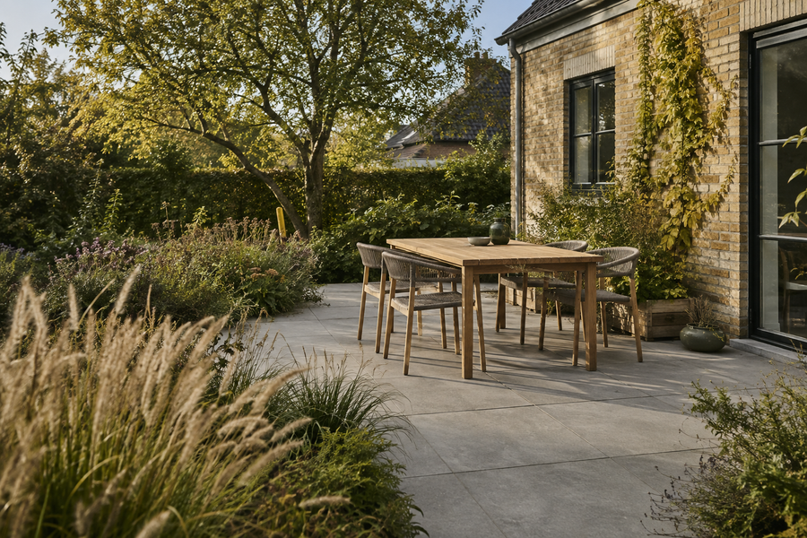 Terrasse med grå betonfliser ved et dansk hus