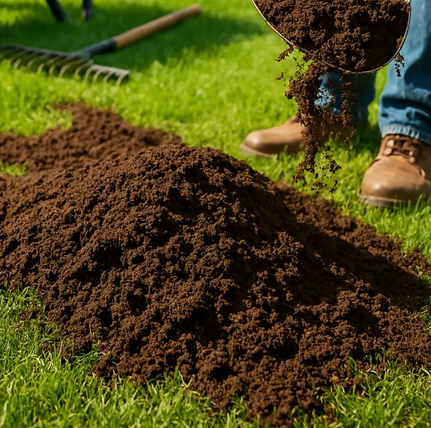 opdressing med mørk jord fordelt jævnt over grøn græsplæne