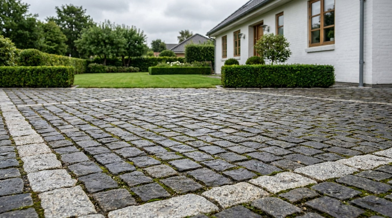 Sorte brosten lagt i buemønster i en bred indkørsel.