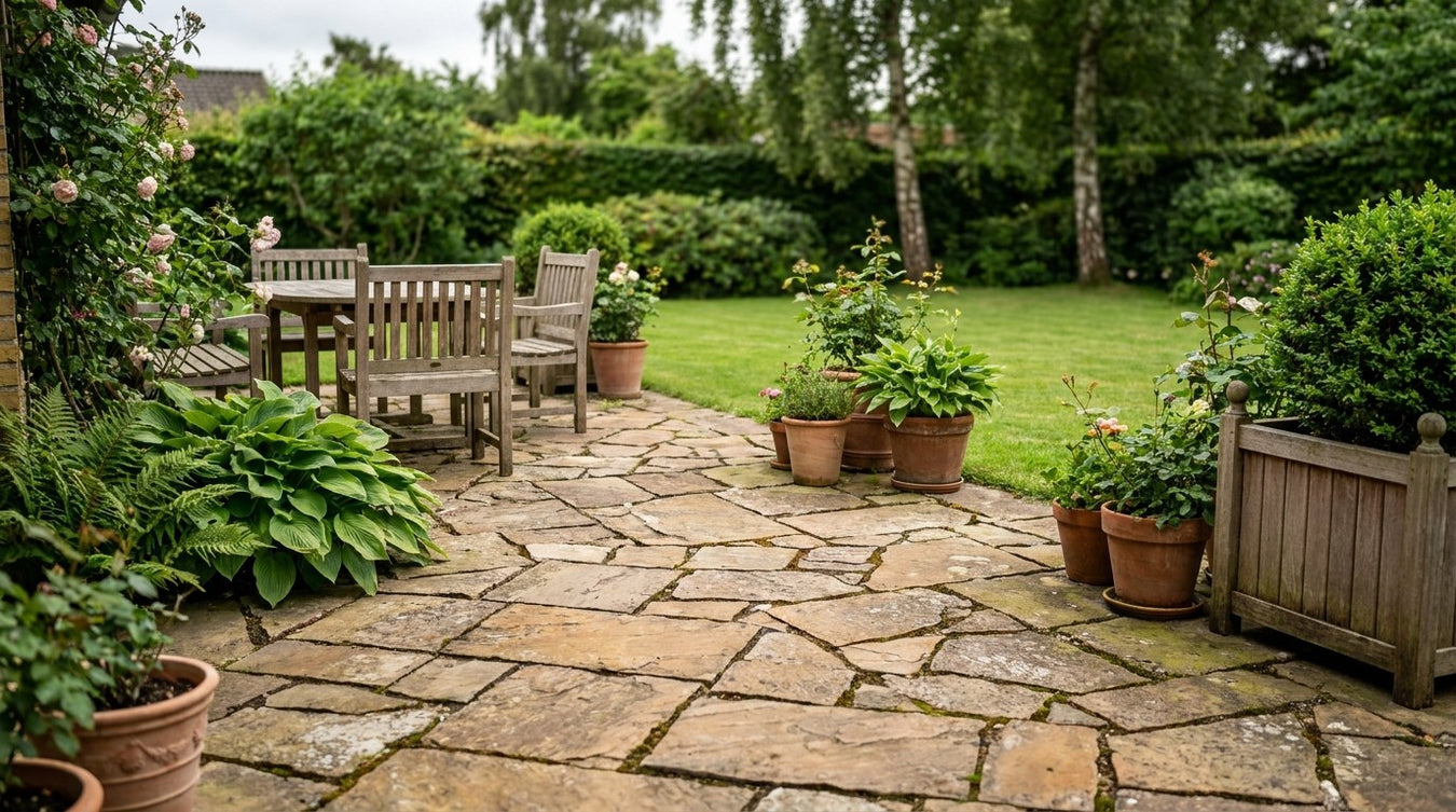 Brudfliser til terrasse med organisk og sydlandsk udtryk i haven