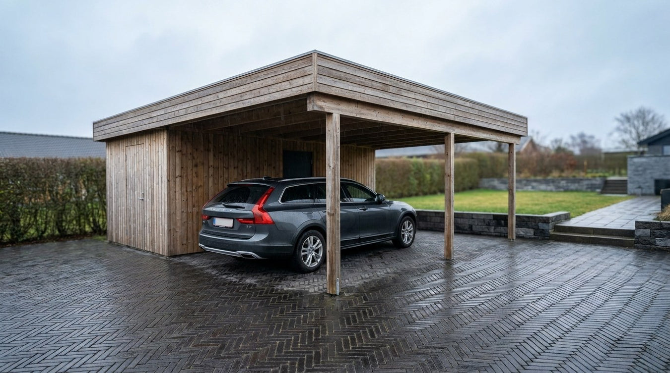 Teglklinker lagt i sildebensmønster i en carport.