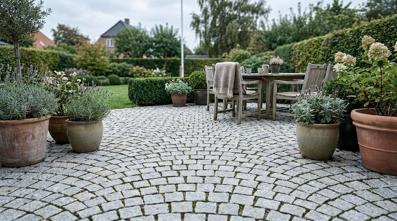 Rustik terrasse anlagt med klassiske granit chaussesten i bueforbandt