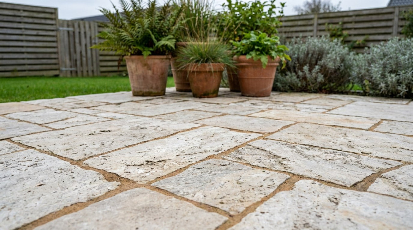 Romerske brudfliser lagt i smukt mønster på en udendørs terrasse