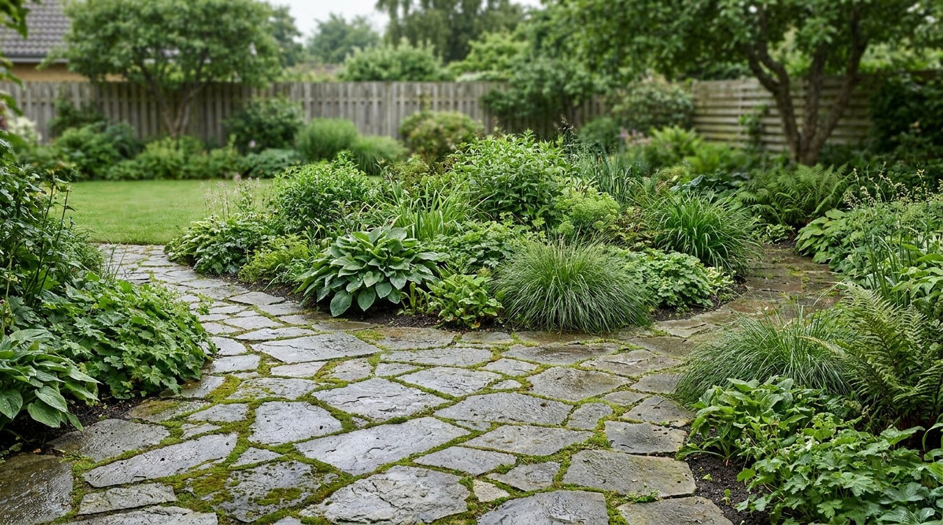 Smuk og organisk havesti belagt med frostsikre brudfliser mellem frodige planter