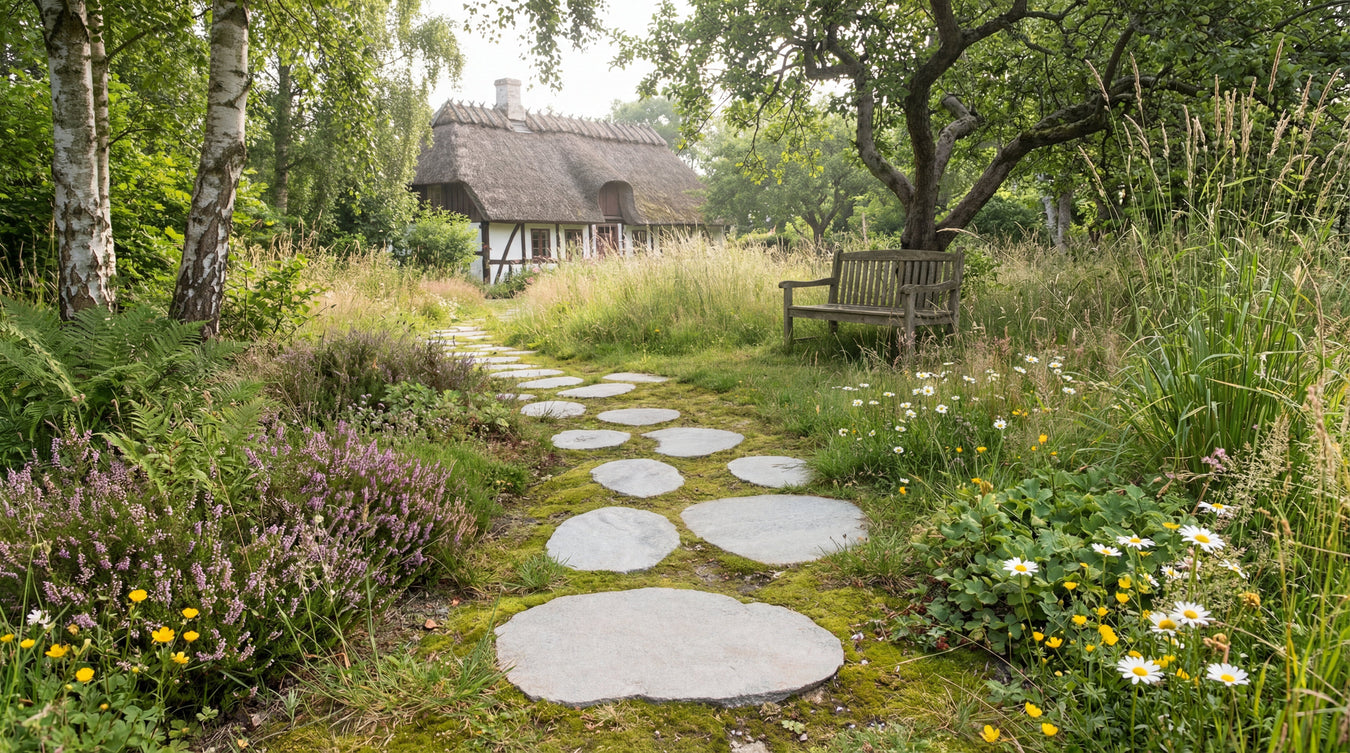 Flade trædesten til stisystem i græsplænen