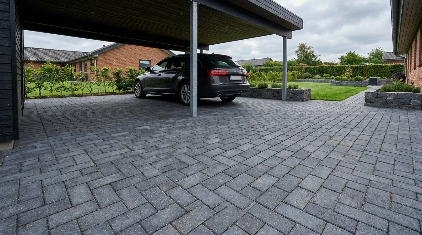 Mørkegrå betonfliser lagt i carport