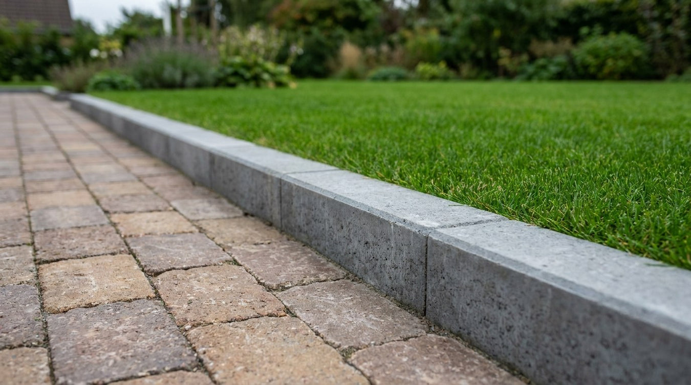 Grå kantsten i beton brugt som overgang mellem belægning og græsplæne