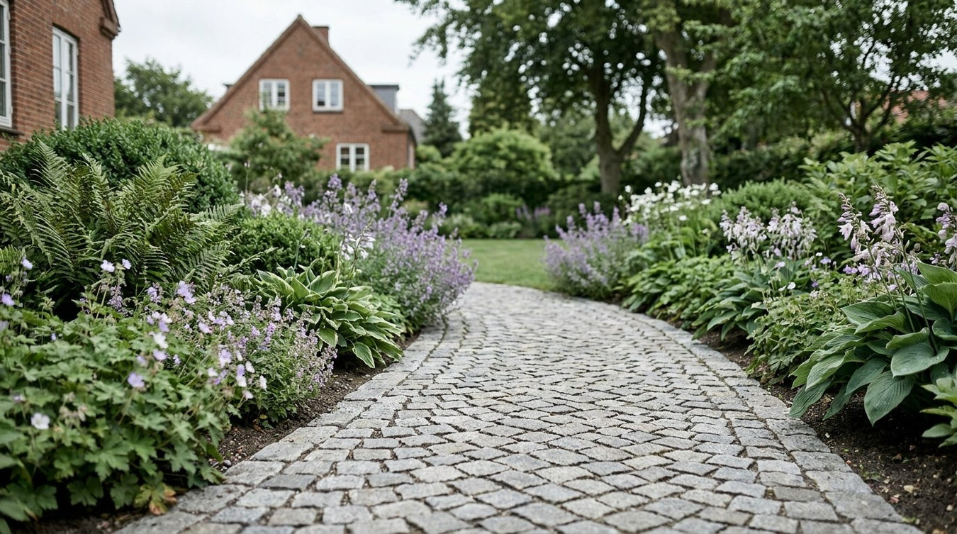 Slidte chaussesten lagt i påfuglemønster på en havesti