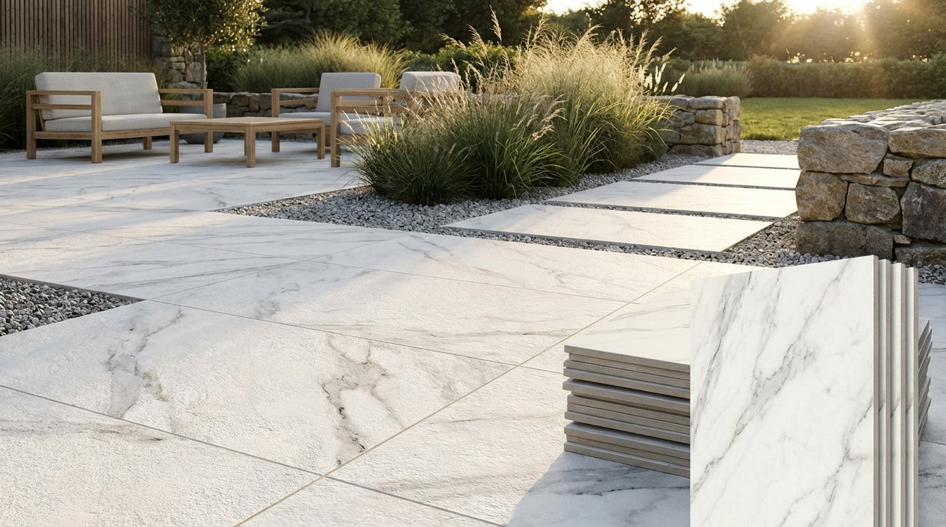 Keramiske fliser marmorlook udendørs - Natursten og belægning | Drømmehave