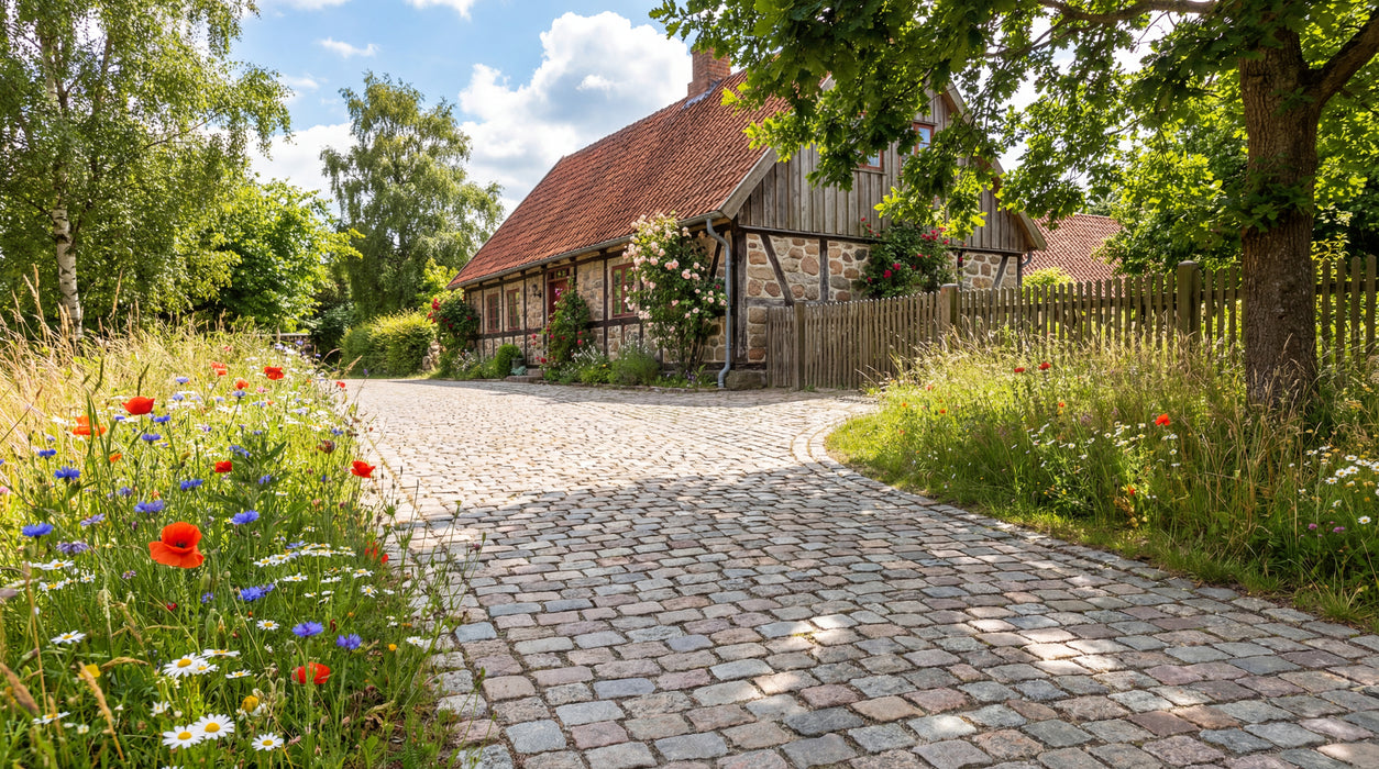 brugte nordiske brosten, savet/jetbrændt top, i indkørsel ved bindingsværkshus.