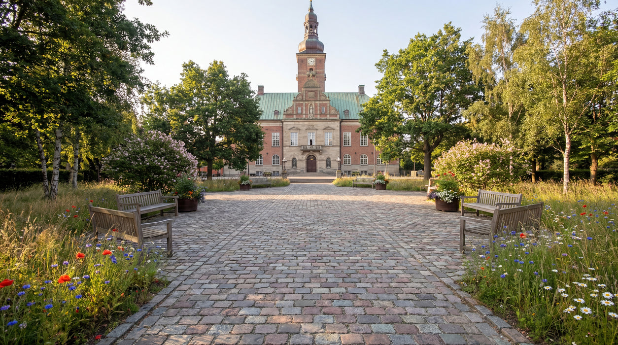 brugte brosten (klasse a) i sti foran bygning. blomster og bænke langs belægningen.