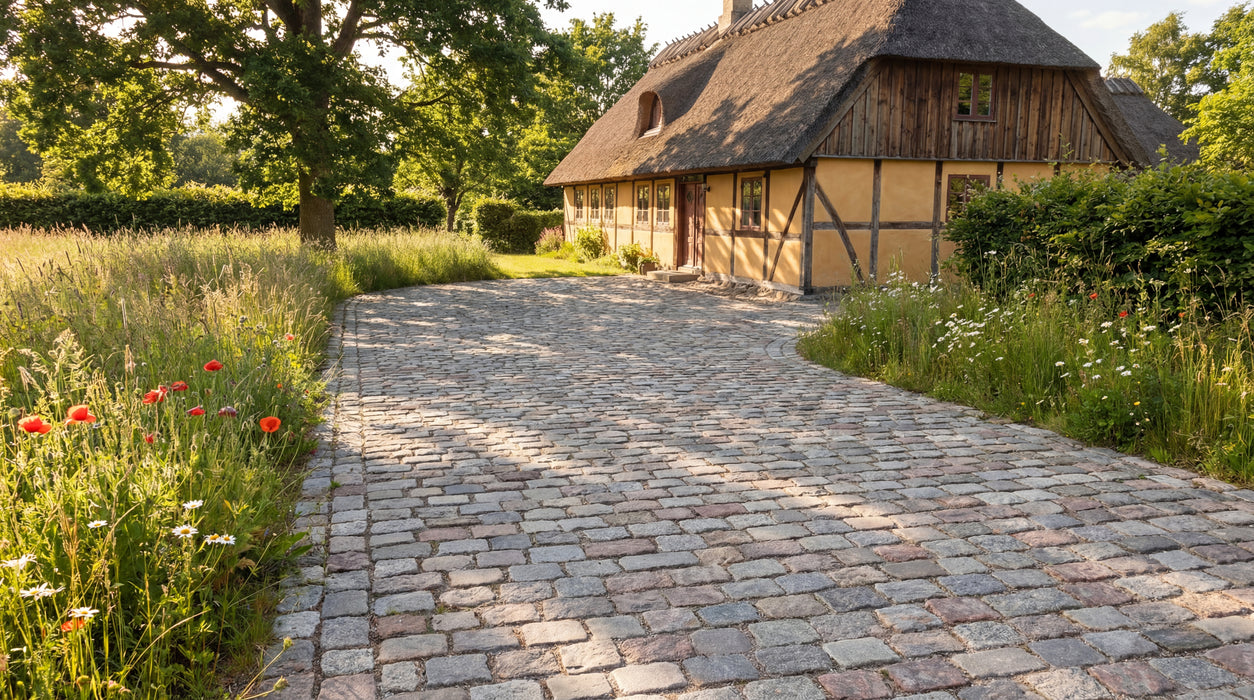 indkørsel med brugte københavnermix brosten foran stråtækt hus