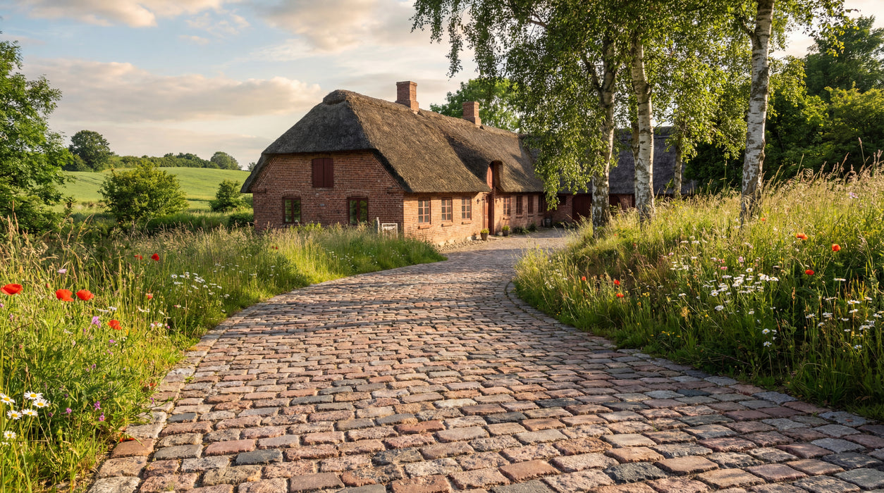 sti belagt med nordisk mix brosten fører op til stråtækt hus.