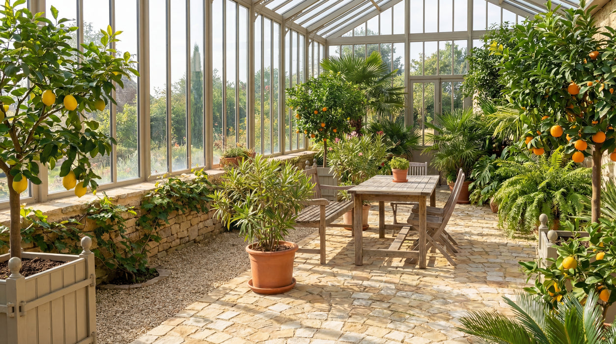 sahara sandsten chaussesten i orangeri med planter og havemøbler.