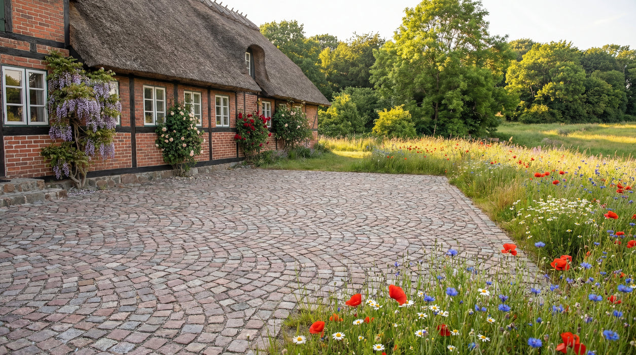 chaussesten nordisk mix belægning ved bindingsværkshus og blomstereng.