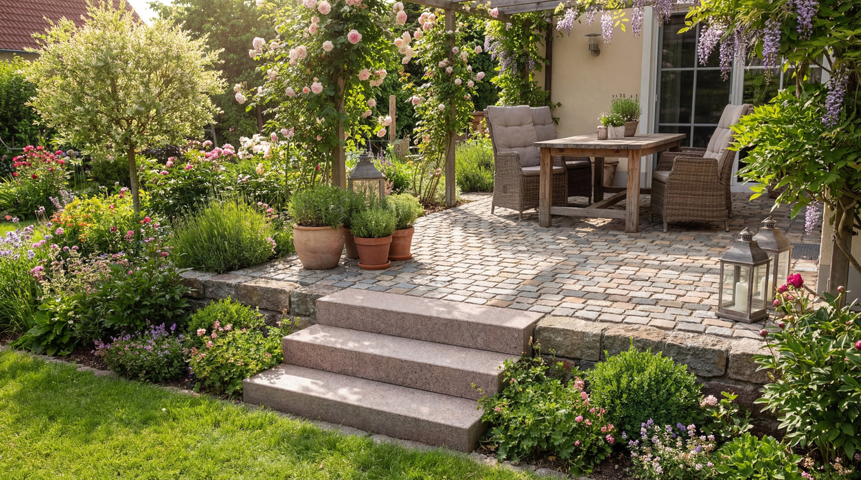 røde granit trappetrin i frodig have