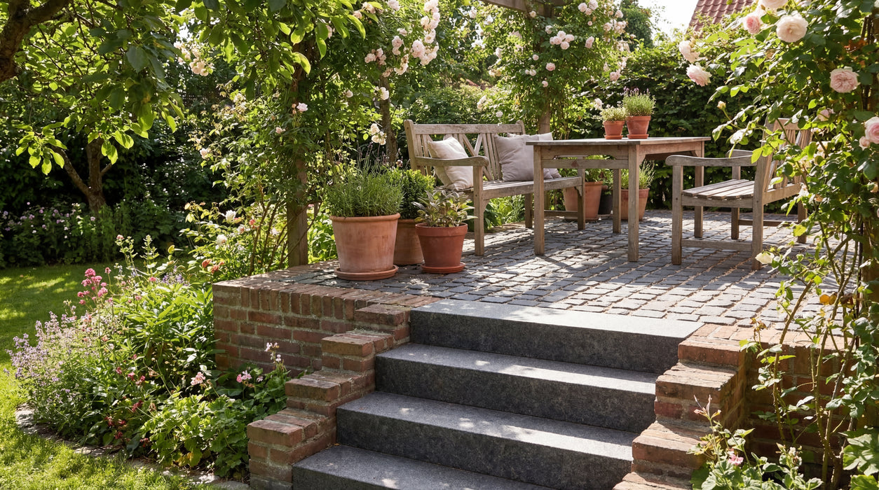 sorte granit trappetrin fører op til en