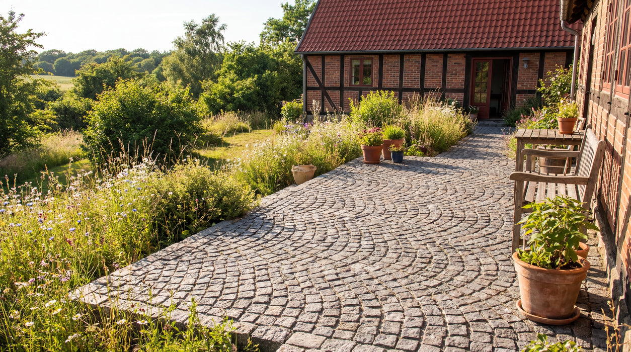 chaussesten bodafors belægning i grå nuancer, lagt i bueform på terrasse ved bindingsværkshus.