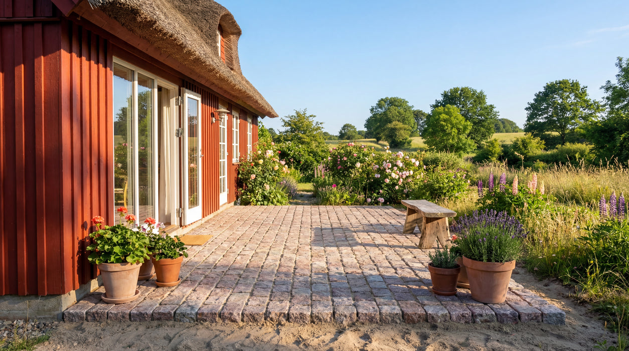 rød svensk bohus chaussesten terrasse ved bindingsværkshus.