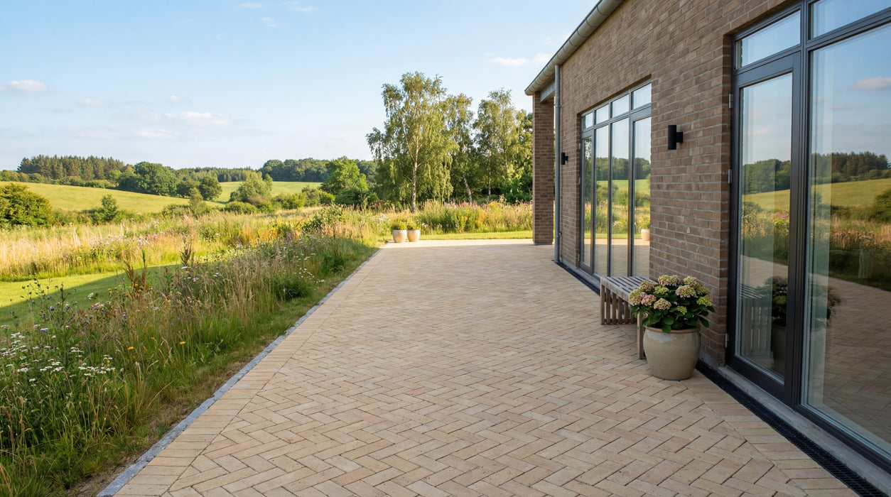 ibf betonklinke m23 gul belægning på terrasse i sildebensmønster.