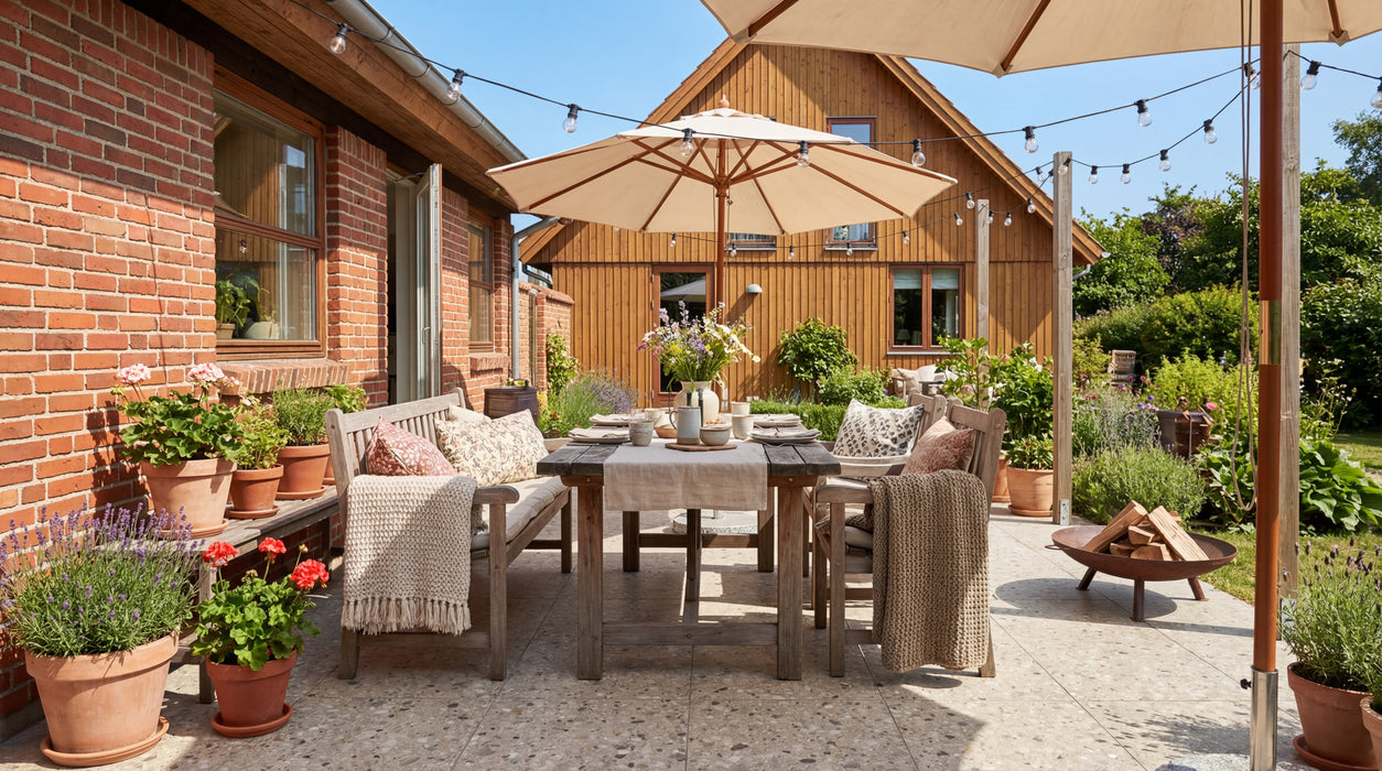 terrasse med havemøbler og parasol