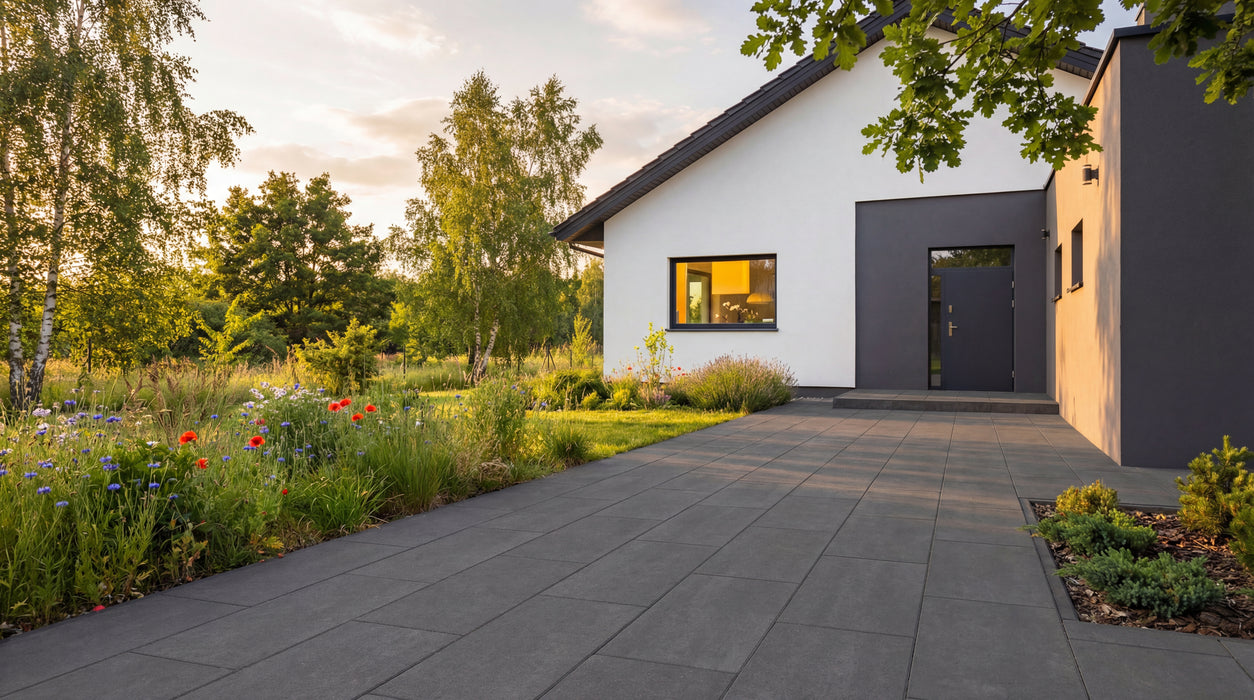 skumringssort keramisk flisebelægning ved moderne hus med blomsterbed