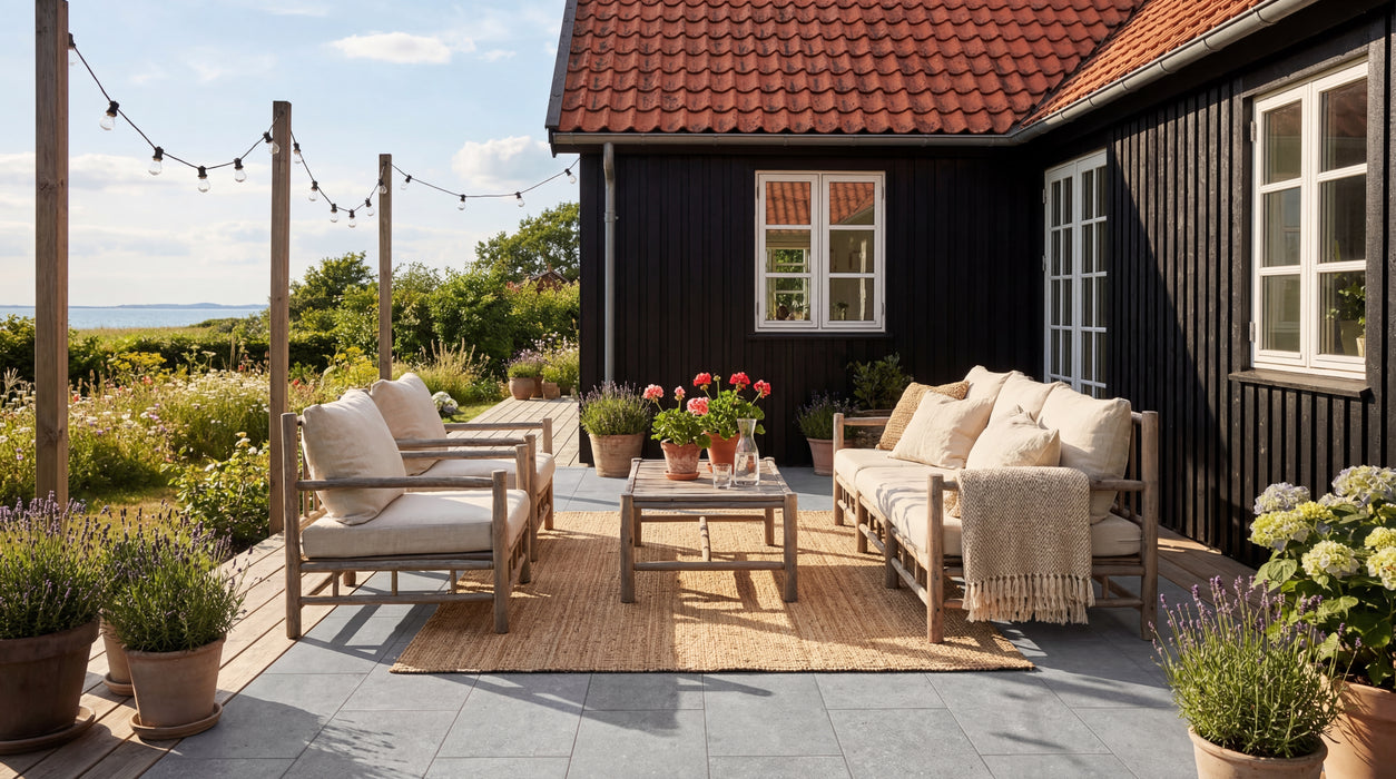 stormgrå keramiske fliser på terrasse med